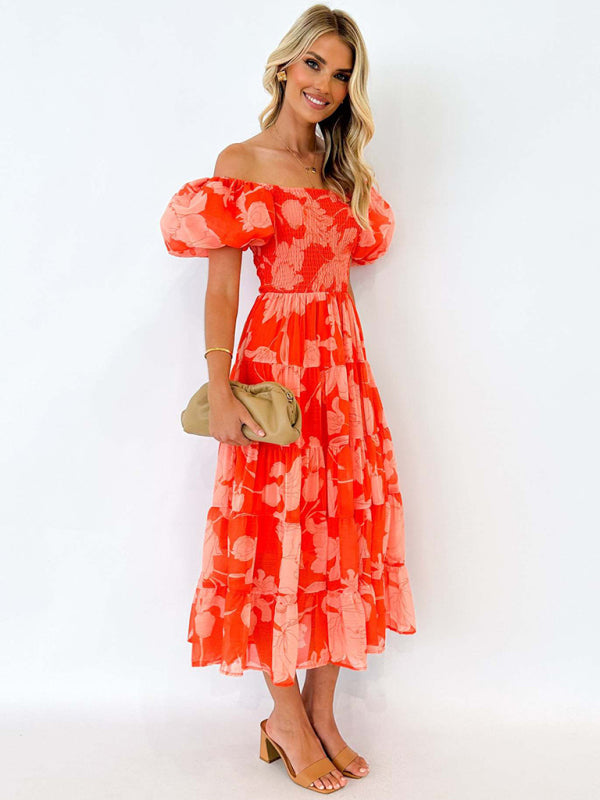 Off-shoulder Chiffon Puff Sleeve Layered Waist Printed Midi Dress