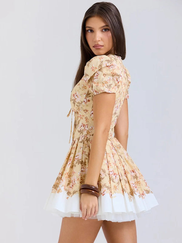 Positioning Print V-neck Waist Tutu Skirt Holiday Mini Dress