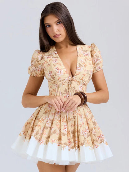 Positioning Print V-neck Waist Tutu Skirt Holiday Mini Dress