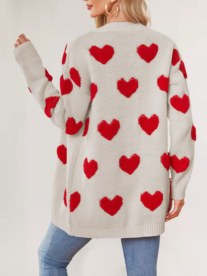 Valentine's Day Heart Knitted Midi Jacket V-Neck Button Cardigan