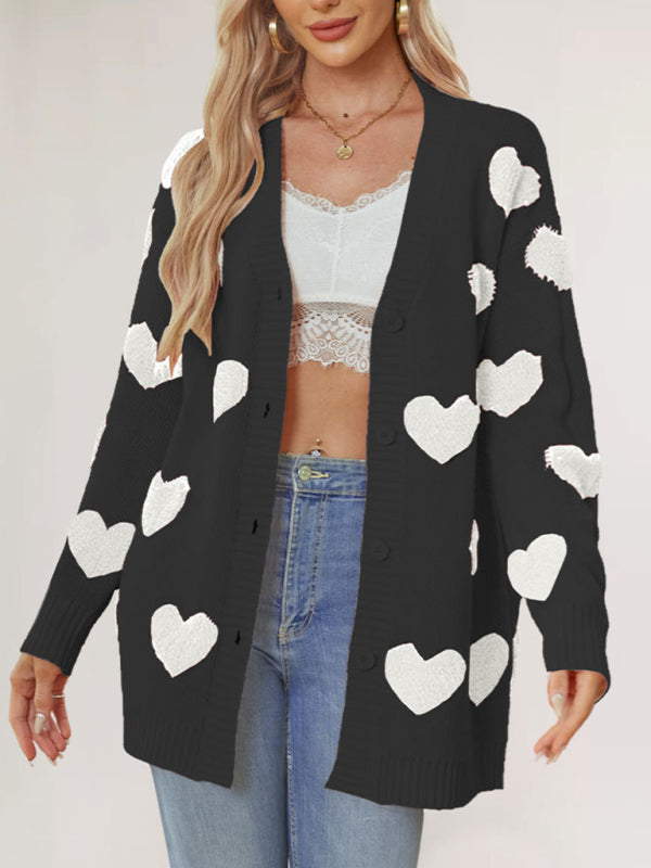 Valentine's Day Heart Knitted Midi Jacket V-Neck Button Cardigan