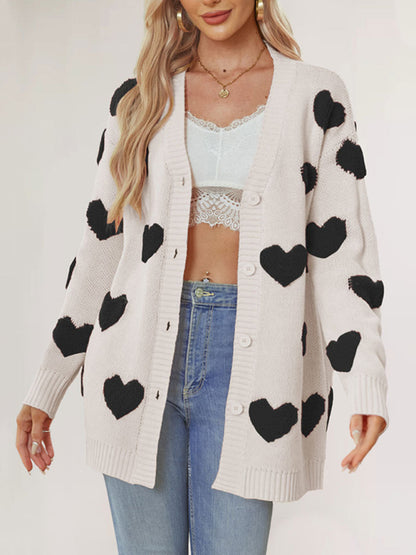 Valentine's Day Heart Knitted Midi Jacket V-Neck Button Cardigan