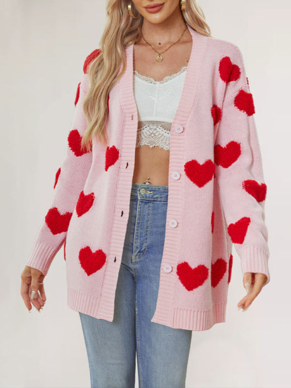 Valentine's Day Heart Knitted Midi Jacket V-Neck Button Cardigan