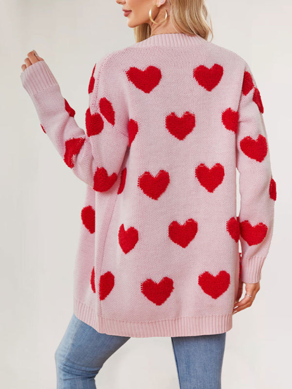 Valentine's Day Heart Knitted Midi Jacket V-Neck Button Cardigan