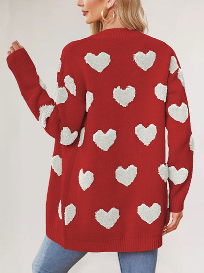 Valentine's Day Heart Knitted Midi Jacket V-Neck Button Cardigan