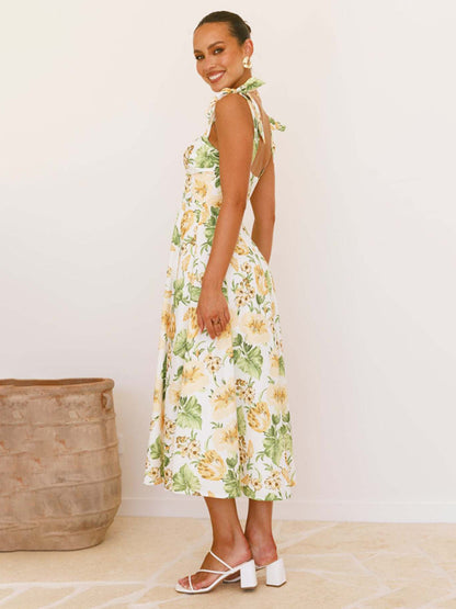 Tied Halter Floral Sweetheart Neck Casual Midi Dress