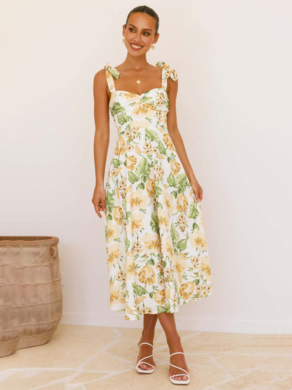 Tied Halter Floral Sweetheart Neck Casual Midi Dress