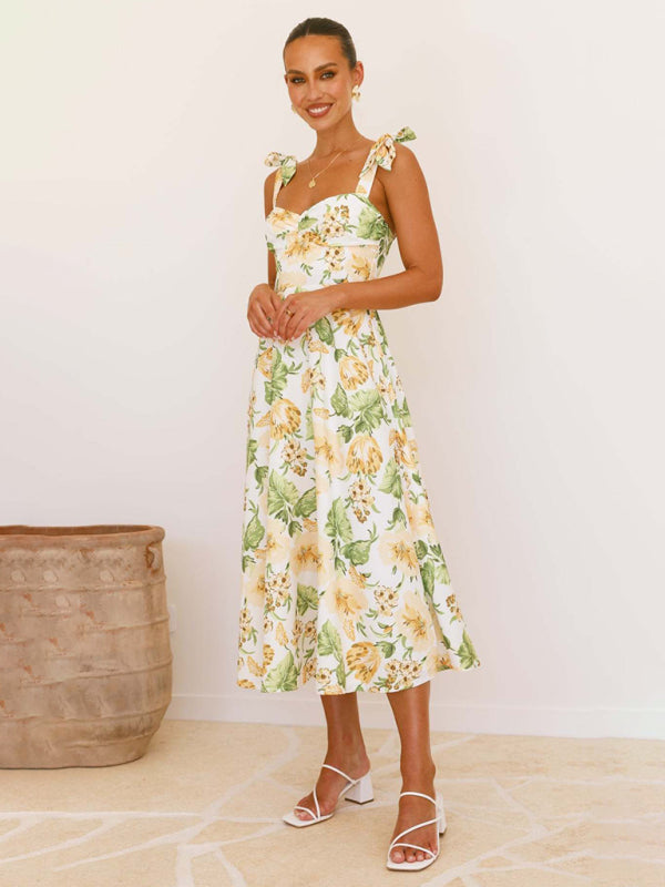 Tied Halter Floral Sweetheart Neck Casual Midi Dress