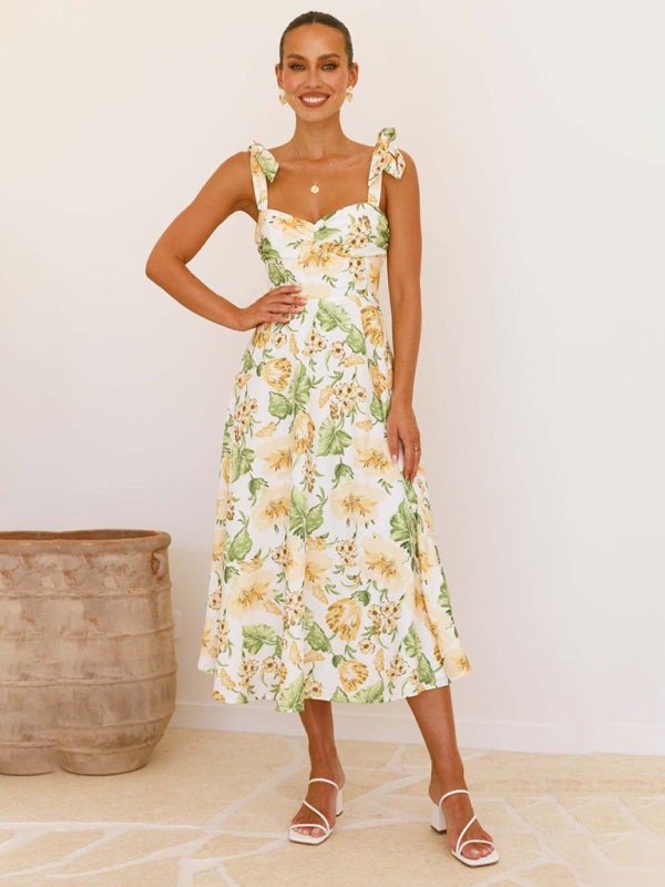 Tied Halter Floral Sweetheart Neck Casual Midi Dress