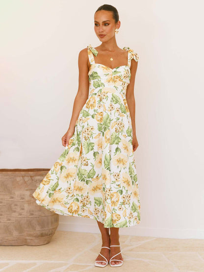 Tied Halter Floral Sweetheart Neck Casual Midi Dress