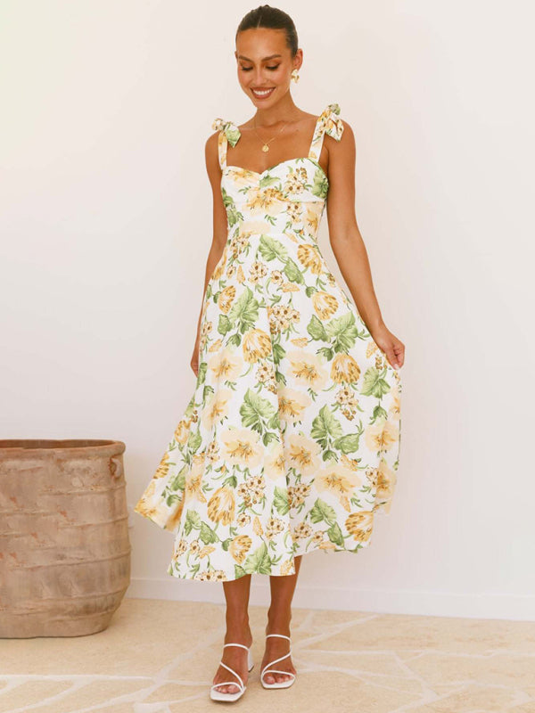 Tied Halter Floral Sweetheart Neck Casual Midi Dress