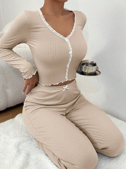 Long Sleeve & Long Pants Lace Pajama Set