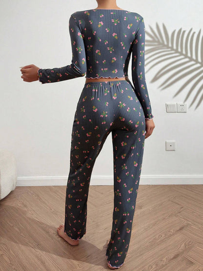 Home-wear Casual Printed Crop Collared Loungewear set