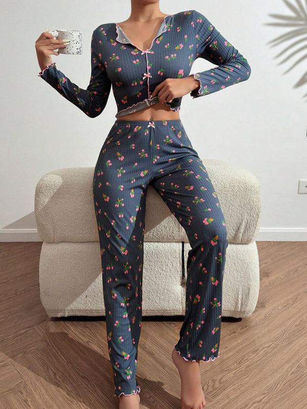 Home-wear Casual Printed Crop Collared Loungewear set