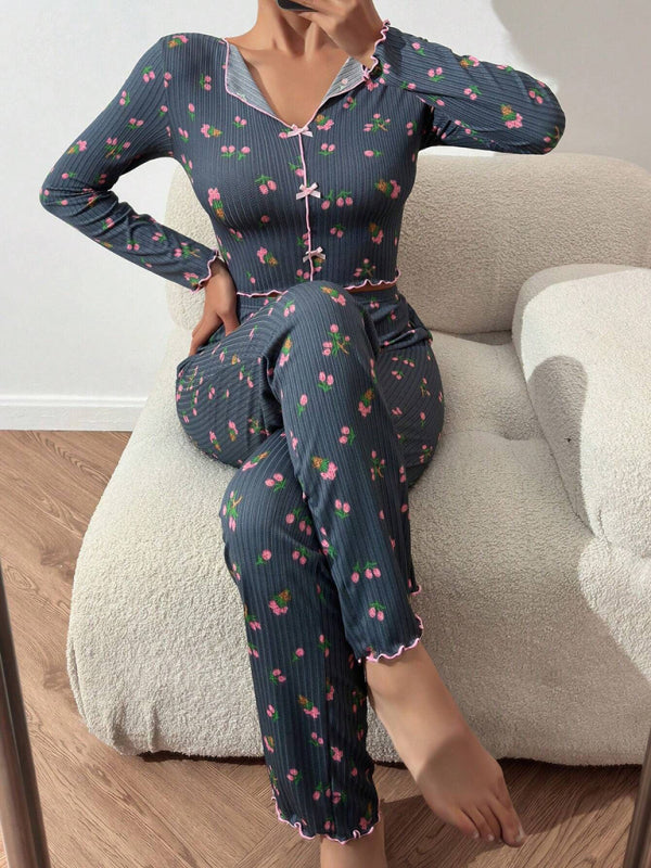 Home-wear Casual Printed Crop Collared Loungewear set