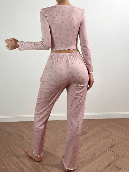 Home-wear Casual Printed Crop Collared Loungewear set