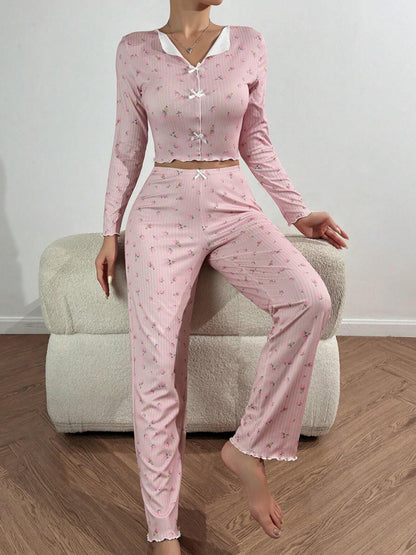 Home-wear Casual Printed Crop Collared Loungewear set