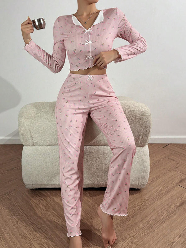 Home-wear Casual Printed Crop Collared Loungewear set