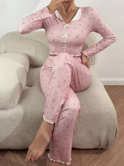 Home-wear Casual Printed Crop Collared Loungewear set