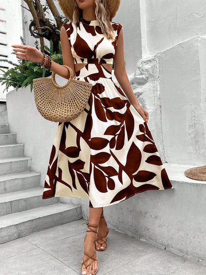 Round Neck Sleeveless Cut-out Waist Flower Print Midi Dress