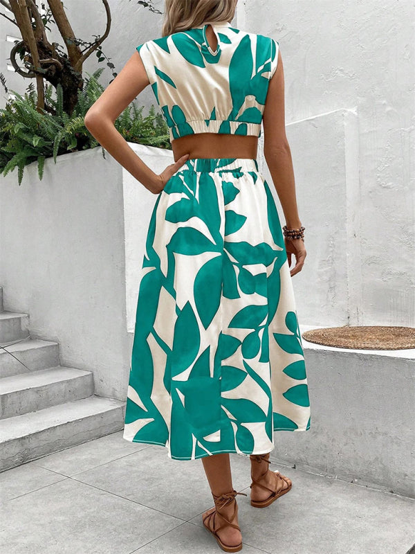 Round Neck Sleeveless Cut-out Waist Flower Print Midi Dress