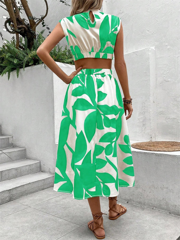 Round Neck Sleeveless Cut-out Waist Flower Print Midi Dress