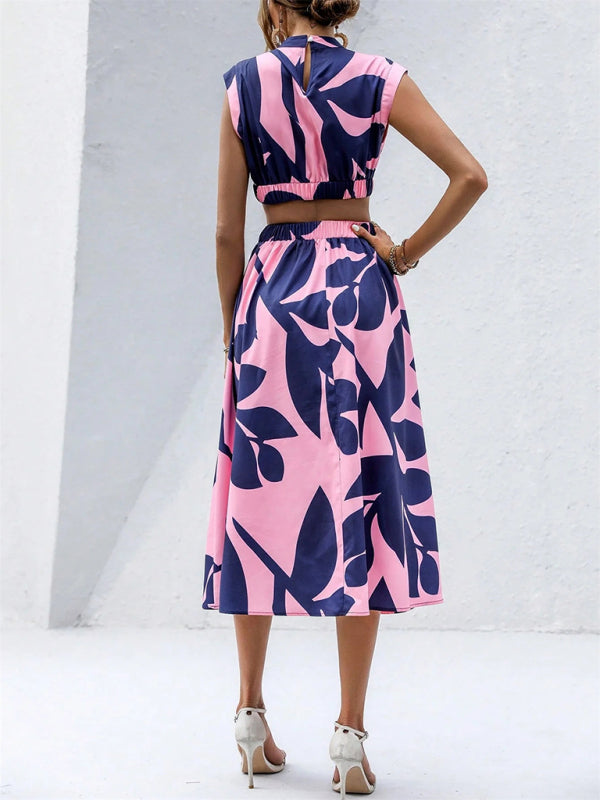 Round Neck Sleeveless Cut-out Waist Flower Print Midi Dress