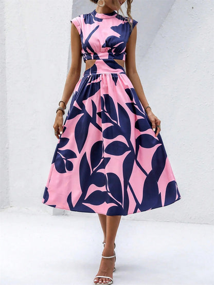 Round Neck Sleeveless Cut-out Waist Flower Print Midi Dress