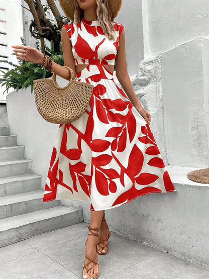 Round Neck Sleeveless Cut-out Waist Flower Print Midi Dress