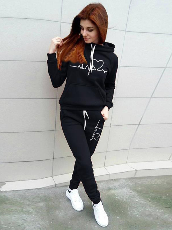 Heartbeat Print Casual Sports Hooded Fleece Sweatsuit