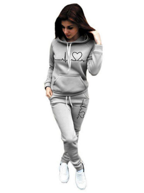 Heartbeat Print Casual Sports Hooded Fleece Sweatsuit