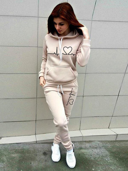 Heartbeat Print Casual Sports Hooded Fleece Sweatsuit