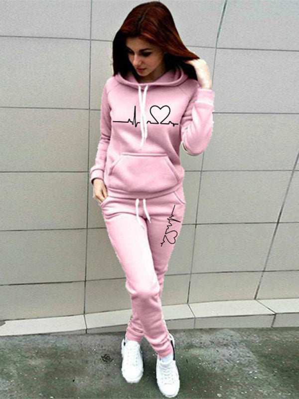 Heartbeat Print Casual Sports Hooded Fleece Sweatsuit