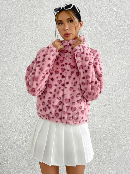 Zipper Long Sleeve Valentine's Day Love Leopard Print Plush Jacket