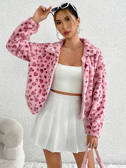 Zipper Long Sleeve Valentine's Day Love Leopard Print Plush Jacket