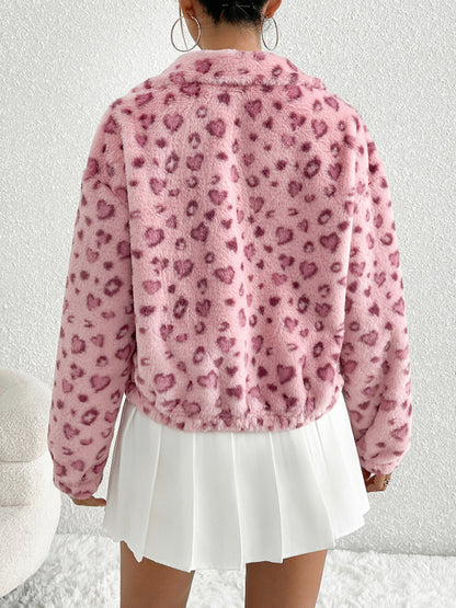 Zipper Long Sleeve Valentine's Day Love Leopard Print Plush Jacket