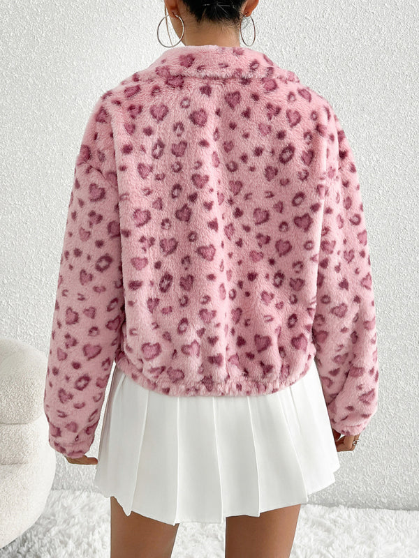 Zipper Long Sleeve Valentine's Day Love Leopard Print Plush Jacket