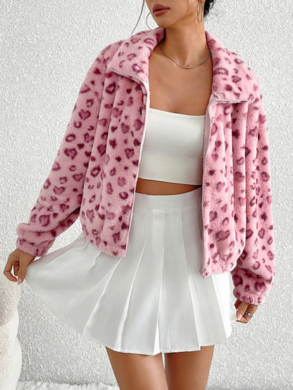 Zipper Long Sleeve Valentine's Day Love Leopard Print Plush Jacket