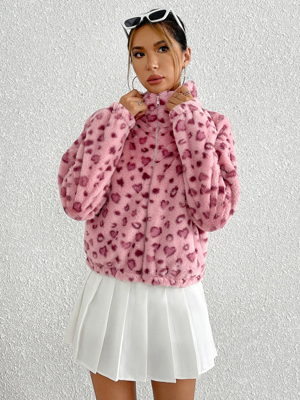 Zipper Long Sleeve Valentine's Day Love Leopard Print Plush Jacket