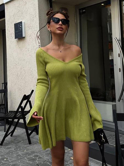 V-neck Long-sleeved Knitted Mini Dress