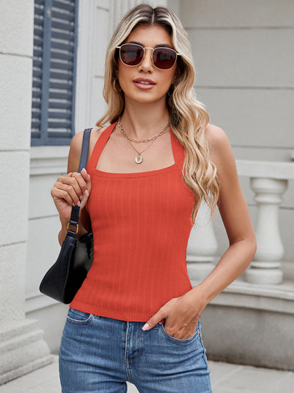 Lace-up Halter Strap Pitted Knit Tank Top