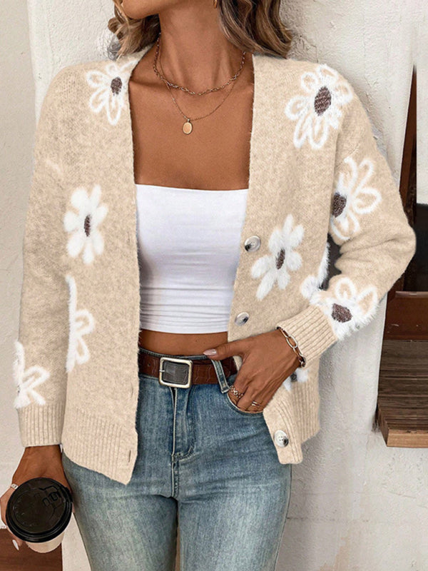 Floral Print Front Button-up Cardigan Sweater