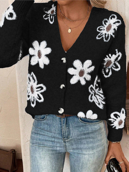 Floral Print Front Button-up Cardigan Sweater