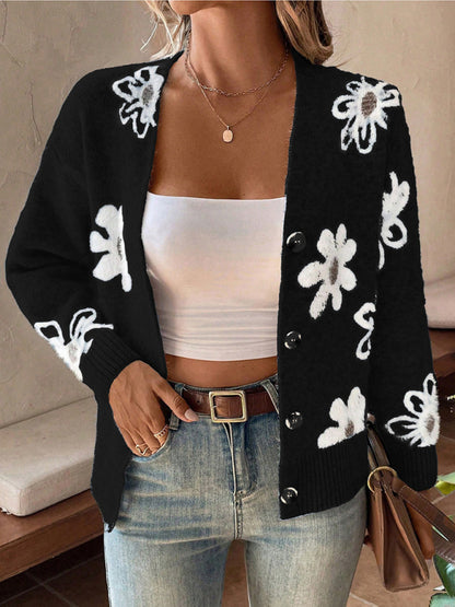 Floral Print Front Button-up Cardigan Sweater