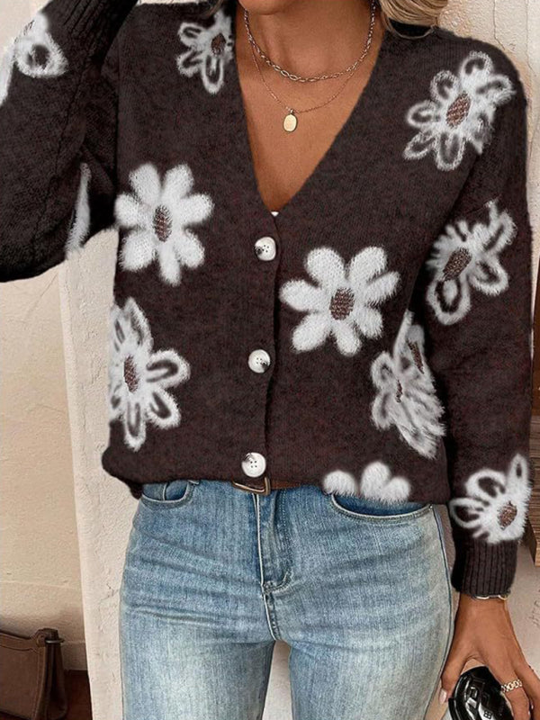 Floral Print Front Button-up Cardigan Sweater