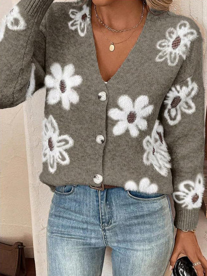 Floral Print Front Button-up Cardigan Sweater