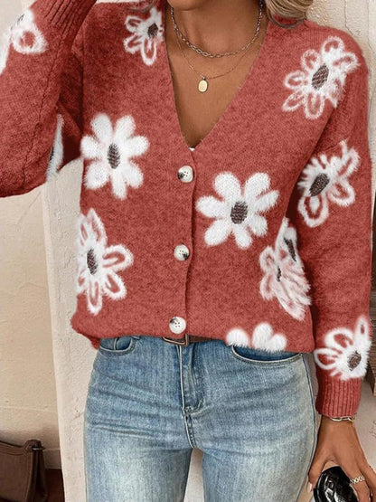 Floral Print Front Button-up Cardigan Sweater