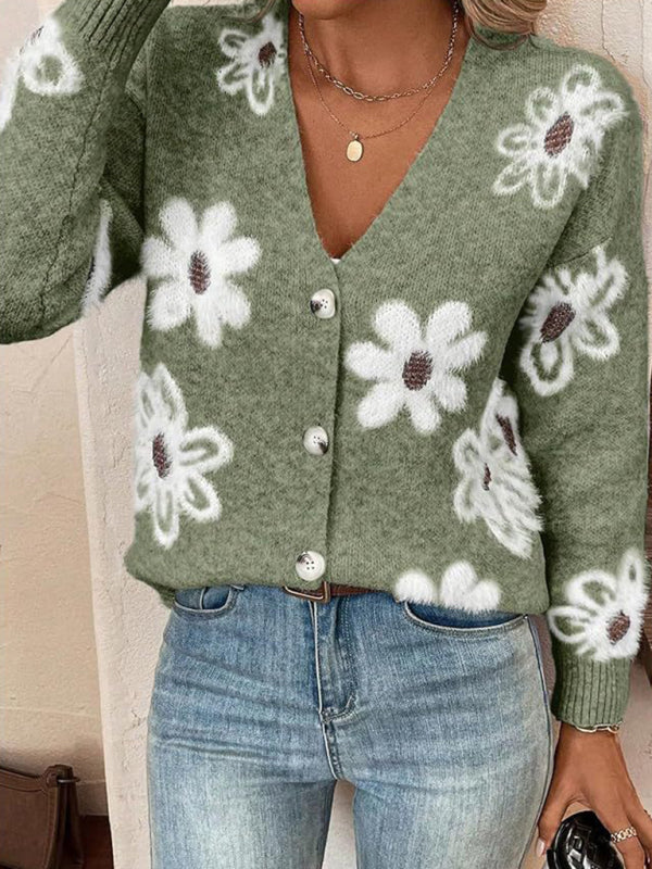 Floral Print Front Button-up Cardigan Sweater