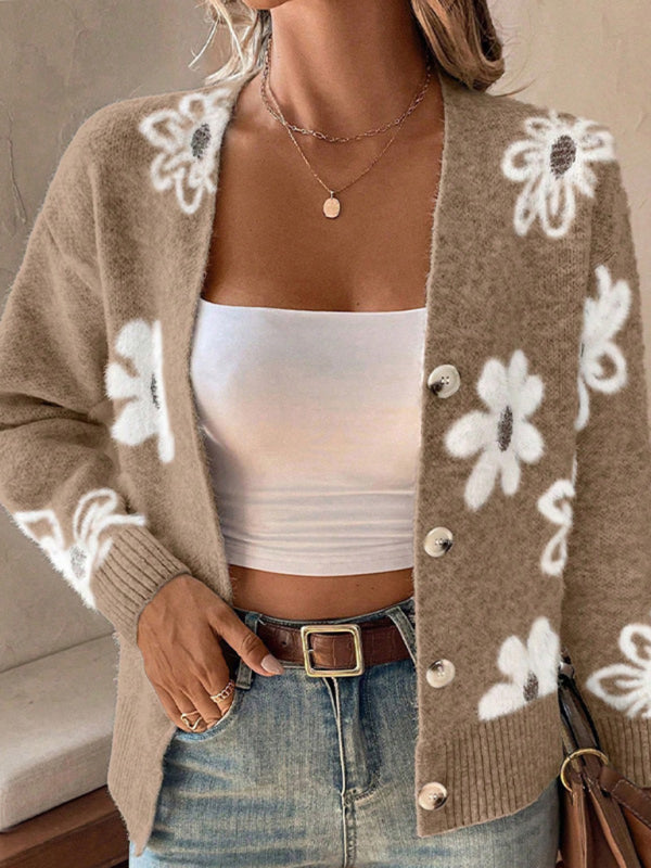 Floral Print Front Button-up Cardigan Sweater