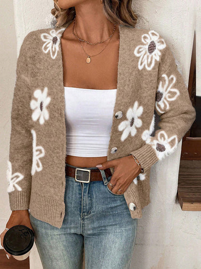 Floral Print Front Button-up Cardigan Sweater